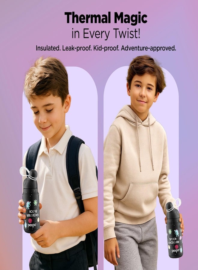 Pexpo Piano 450 ISI Certified Stainless Steel Water Bottle for School Kids - 420ml | 6+ Years Age |Hot & Cold | with Sipper Cap |Double Wall | for Picnic, Outing - Black Space Printed - Image 5